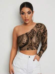 SHEIN BAE Top corto con un hombro de malla con flocado - Multicolor - Ver 4