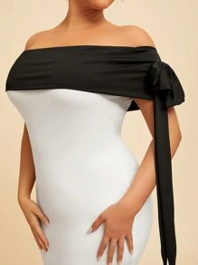 SHEIN SXY Women Plus Size Color-Block Black Collar Black Bow Decorated White Bodycon Dress, Suitable For Daily Wear, Dates, Prom, Parties, New Year Gatherings, Banquets, Cocktail, Elegant, Body Modification And Body Curves - Black and White - View 6