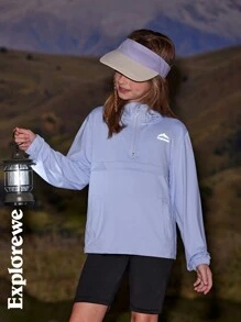 SHEIN Tween 女童 Mountain Range 字母印花长袖拉链短款上衣和短裤休闲 2 件套 - 藍色 - 查看 1