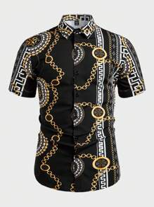 Manfinity Homme 男士前扣短袖链条印花休闲衬衫，日常穿着 - 黑色 - 查看 4