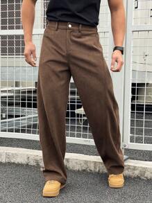 Manfinity Homme American Corduroy Washed Utility Pants For Men, High-End Casual Loose Straight Leg Trousers, Japanese Style Men Wide Leg Parts