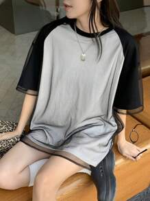 DAZY Women Sheer Mesh Splice Short Sleeve Loose T-Shirt - Black and White - View 6