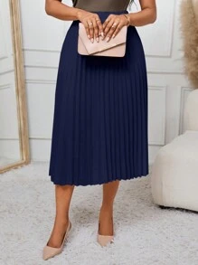 SHEIN Lady 2025 New Navy Blue Pleated A-Line Skirt, Versatile For Work And Occasions Chic Skirt Fall Outfits For Women Winter Outfits For Women Pleated Skirt Women Dark Blue Pleated Skirt
