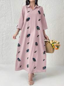 Al Najma Elegant Floral Embroidery Long Maxi Caftan Dress For Vacation