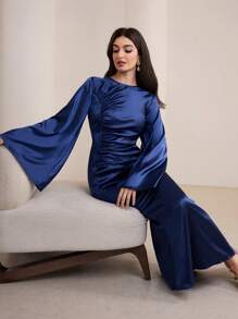 Modelyn 女式长款褶皱喇叭袖优雅鱼尾阿拉伯风格连衣裙