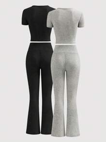 Chiquease 2 件套女士圆领短袖简约上衣和裤子休闲装 - 彩色 - 查看 2