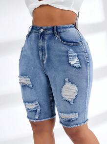 SHEIN SXY Plus Size Women Side Pockets Distressed Denim Knee Length Capri Shorts