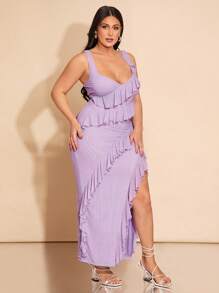 SHEIN BAE Vestido largo con volantes y abertura para mujer talla grande, primavera-verano