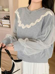 DAZY Women Lace Mesh Contrast Sweatshirt,Fall Women Clothes - Grey - View 3