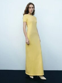 Maija 纯黄色圆领插肩短袖开衩下摆长款毛衣裙，优雅浪漫飘逸设计，适合女性，春夏节日 - 黃色 - 查看 6