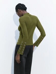 Maija Women's Olive Green Solid Color Modern Urban Design Puckered Decor Slim Fit Crew Neck Long Sleeve Casual Everyday T-Shirt Business Casual Women's Wear, Office Wear, Low-Key Old Money Style, Effortless Temperament, High-End Urban Commuting, The Same Style As The Editor-In-Chief Of The Magazine, Urban Social Vacation Party Wear, Charming, Low-Key And Durable Basic Style, Versatile And Not Picky Clothing, Street Fashion Wear, Clothing, Coffee Shop, Relaxed Wear