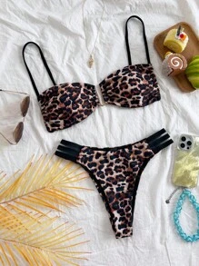 Soleia 2pcs Women's Leopard Print Contrast Color U-Wire Decor Back Strap Bikini Set, Suitable For Vacation,Swim Suits For Women,Vacation Outfit Women,Summer Outfits For Women,Beach Outfits For Women - Multicolor - View 1