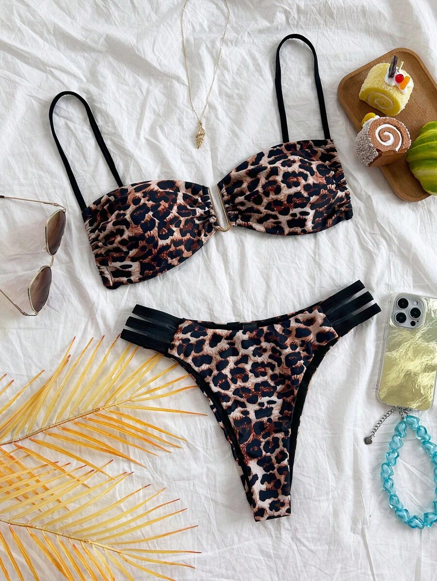 Soleia 2pcs Women's Leopard Print Contrast Color U-Wire Decor Back Strap Bikini Set, Suitable For Vacation,Swim Suits For Women,Vacation Outfit Women,Summer Outfits For Women,Beach Outfits For Women - Multicolor - View 1