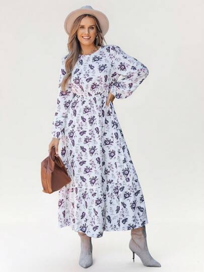 SHEIN LUNE Women's Crew Neck Long Sleeve Floral Print Elastic Waist Dress,Vacation Dresses