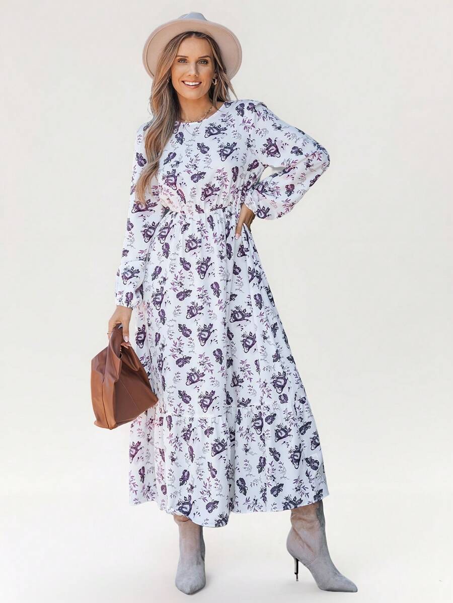 SHEIN LUNE Women's Crew Neck Long Sleeve Floral Print Elastic Waist Dress,Vacation Dresses