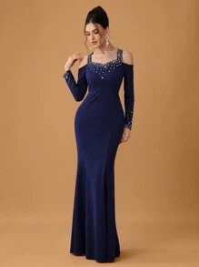 SHEIN Belle فستان سهرة رسمي أنيق للنساء مع حواف حورية البحر المرصعة بالراين، فستان ضيف الزفاف - أزرق بحري - مشاهدة 5