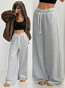 SHEIN EZwear Quần nỉ ống rộng phối ren vá dành cho nữ mùa thu/đông - Xám - Xem 5