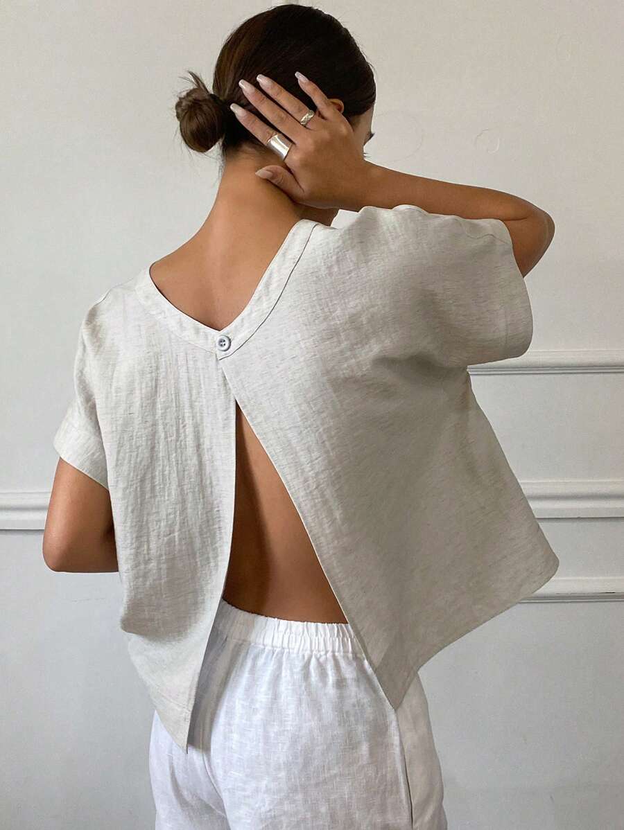 DAZY Women's Casual Linen Blouse With Open Back And Short Sleeves - Grey - View 1