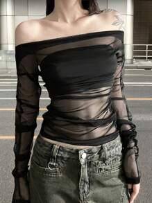 SHEIN EZwear Áo lưới dài tay xuyên thấu màu trơn dành cho nữ - màu đen - Xem 1