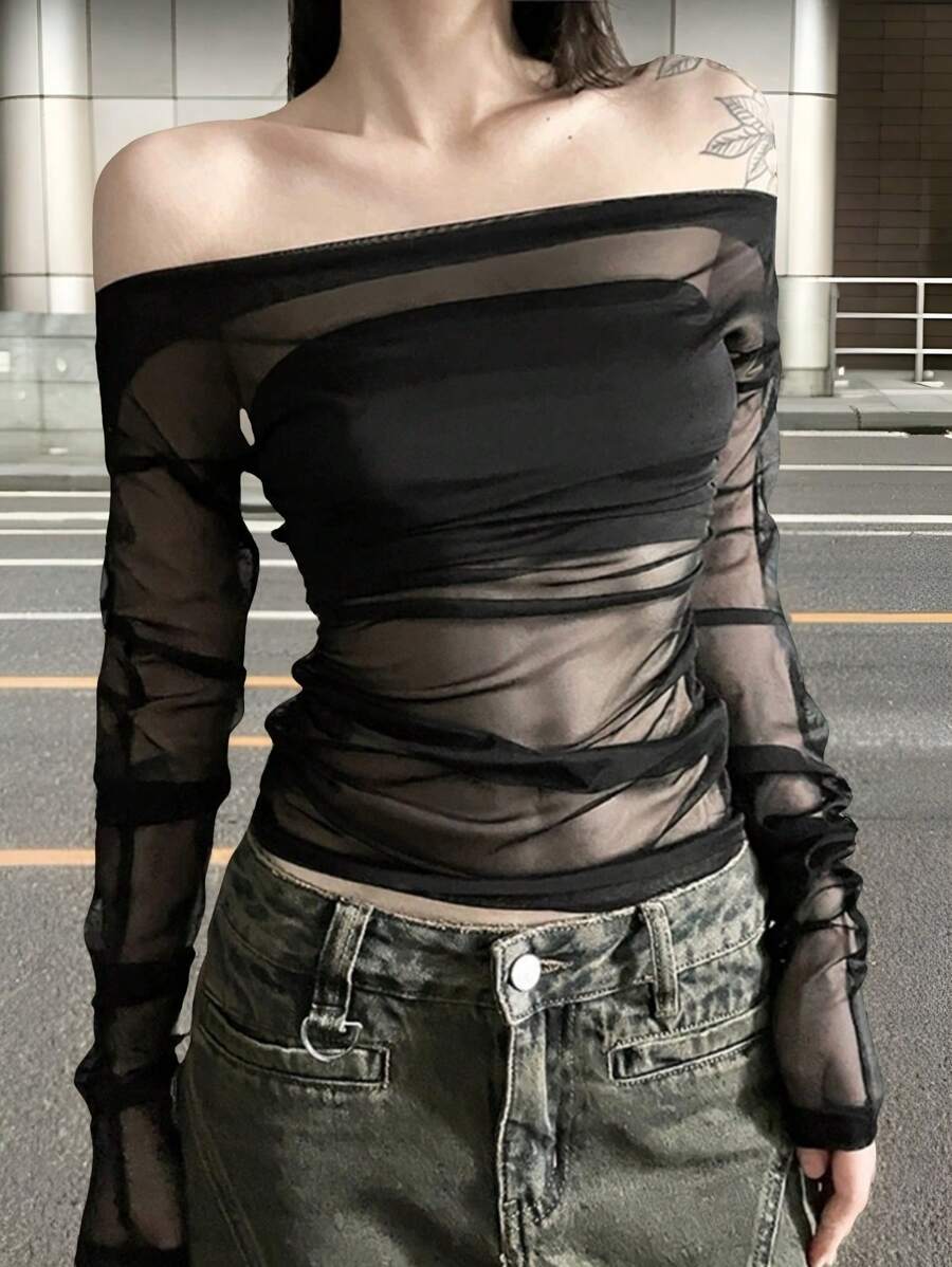 SHEIN EZwear Áo lưới dài tay xuyên thấu màu trơn dành cho nữ - màu đen - Xem 1