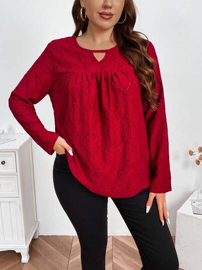 INAWLY Plus Size Women Solid Color Round Neck Long Sleeve Pleated Minimalist Casual Top Fall Cloth For Women