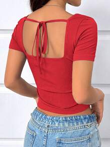 Chiquease Women's Plain Short Sleeve T-Shirt, Simple Fashion Casual For Daily Wear - Red - View 2