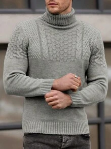 EURMUSE Men Cable Knit Detailed Turtle Neck Casual Sweater For Autumn & Winter - Grey - View 4