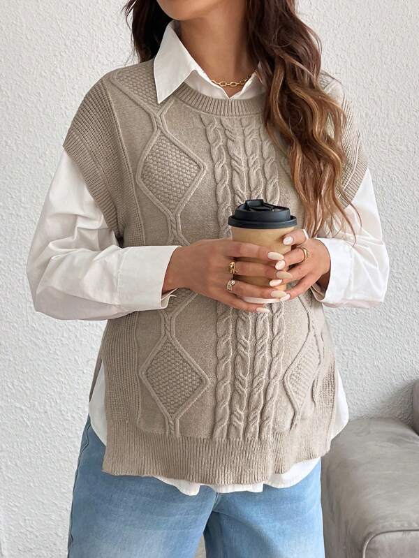 SHEIN Maternity Cable Knit Rope Tie Knitted Vest, Loose Sleeveless Outerwear