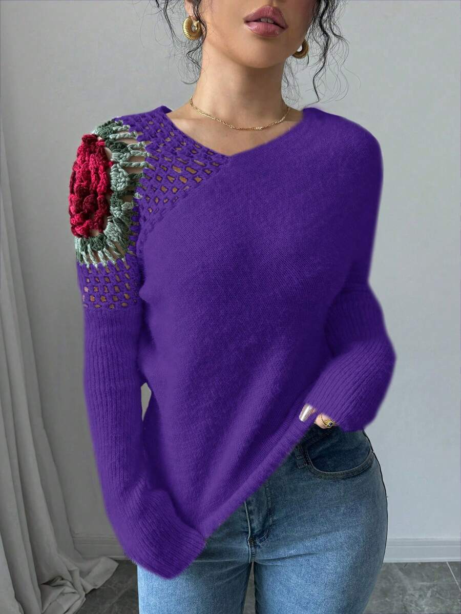 Chiquease Autumn/Winter Fashion 3D Flower Crochet Decorative Sweater