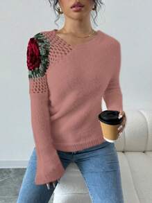 Chiquease 女士纯色拼接简约休闲套头毛衣针织衫秋冬毛衣 - 藕粉色 - 查看 6