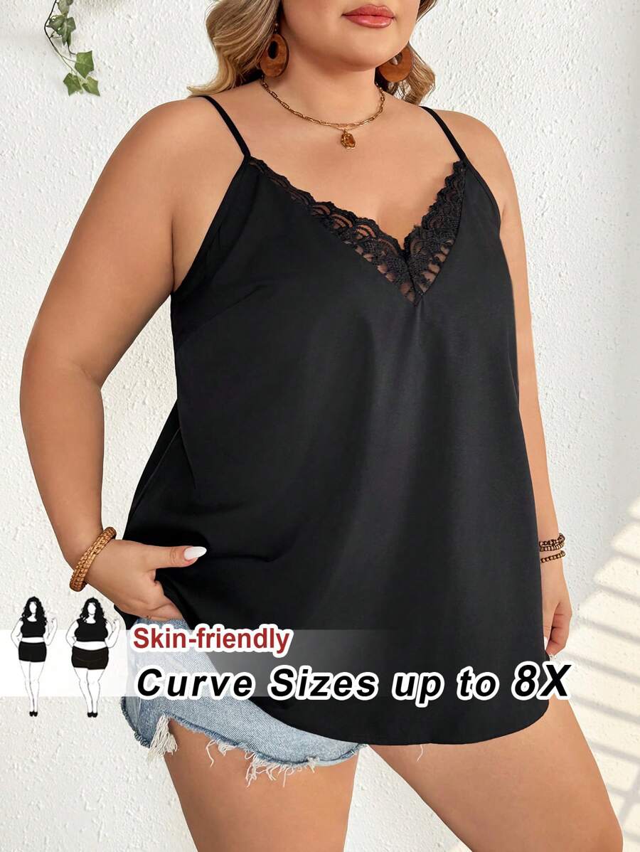 SHEIN CURVE+ 加大码/情人节/纯色蕾丝边V领吊带背心,情人节,玫瑰,爱心,波点,爱,嘴唇,丘比特,3D立体花朵波西米亚风度假 - 黑色 - 查看 1