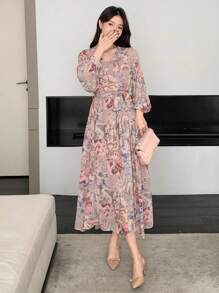 DAZY 女士碎花拼接长袖中长连衣裙，春秋季度假装扮，复活节波西米亚风 - 彩色 - 查看 5