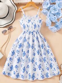 SHEIN Tween Girl Casual Everyday Ditsy Floral Loose Cami Dress,Holiday,Summer,Travel Summer Holiday - Blue - View 2