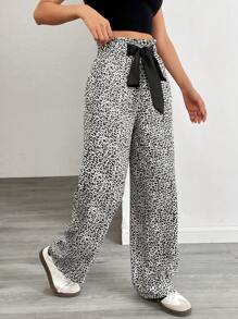 SHEIN Unity Women's Casual Leopard Print Patchwork Satin Bowknot Waist Straight Leg Pants, Suitable For Spring And Autumn Fall Cloth For Women - Black and White - View 3