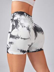 Easithlete 高腰綁染運動短褲,高腰短褲 - 黑與白 - 查看 3