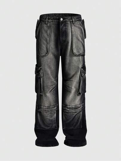 Grunge Punk Pantalones vaqueros holgados y relajados de denim lavado para hombre