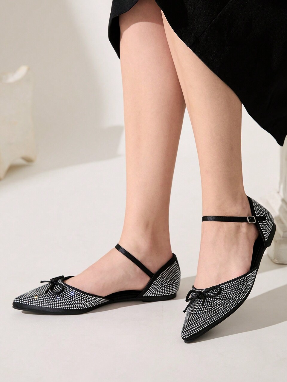 CUCCOO CHICEST Women's Black Satin Pointy Toe Rhinestone Flat Slip-On Shoes Spring Shoes Spring Break Easter