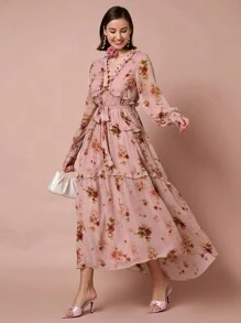 Enchnt Women's Romantic Floral Print Front Tie Ruffle Decoration Lantern Long Sleeve Dress,For Romantic Dinner Dates,Holiday Dresses,Vacation Dresses,Valentine's Day - Pink - View 2