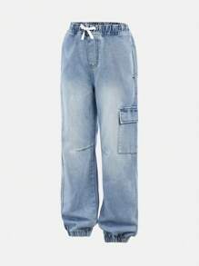 Tween Boy Drawstring Waist Cargo Pocket Wide Leg Loose Casual Versatile Jeans - Light Wash - View 5