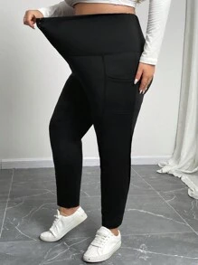 SHEIN CURVE+ Curve Plus Women High Waisted Elastic Tight Pants, Casual Daily/Outdoor/Yoga Leggings, Black, Moisture Wicking Fabric, Breathable, Stretchy, Button Closure, Shapewear Skinny Pants, Pockets Skinny Pants - Black - View 8