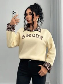 INAWLY Sudadera mujer de cuello redondo de manga larga con estampado de leopardo, 2 en 1