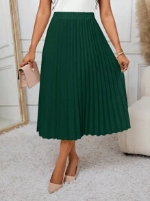 SHEIN Lady Falda plisada blanca con línea A en color verde, versátil para el trabajo y las fiestas - Verde Oscuro - Ver 1