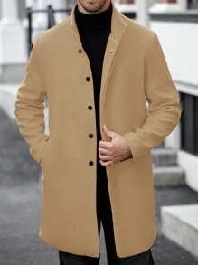 Manfinity Homme 男士休閒純色立領羊毛大衣，秋季 - 卡其色 - 查看 3