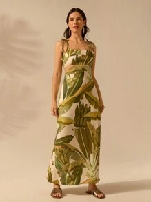 CAJUNI 女式波西米亚风香蕉树印花无袖系带腰连衣裙，休闲夏季海滩度假连衣裙 - 綠色 - 查看 7