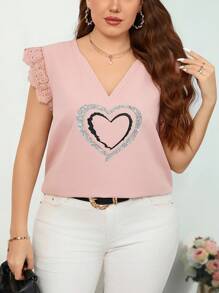 SHEIN Clasi Plus Size V-Neck Heart Print Ruffle Trim Simple Blouse, Casual For Everyday Wear,Love/Lover,Valentine's Day - Pink - View 5