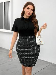 SHEIN Clasi Plus Size Women Spring Black & Plaid Patchwork Short Sleeve Elegant Casual Dress