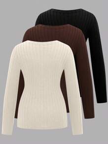 SHEIN LUNE Plus Size Basic Crew Neck Long Sleeve Fuzzy Striped Warm 3-Piece T-Shirt Set, Autumn/Winter