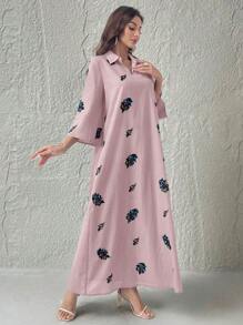 Al Najma Elegant Floral Embroidery Long Maxi Caftan Dress For Vacation