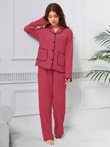 Teen Girl 2 Pieces Pajama Sets, Pink Minimalist Cherry Embroidery Long Pants & Long Sleeve Shirt, Fashion Home Wear