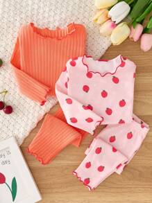 Baby Girl 4pcs/Set Cute Strawberry Pattern Ruffle Trim Crew Neck Long Sleeve Top And Pants Soft Breathable Home & Sleep Set - Pink - View 7